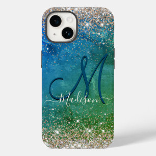 かわいい緑のフェイク金ゴールドグリッターモノグラム Case-Mate iPhone 14ケース