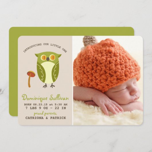 かわいい緑のフクロウの写真の誕生の発表 案内状 (正面/裏面)