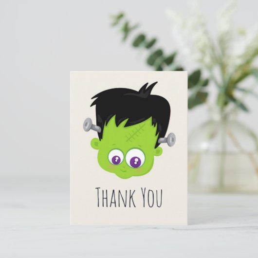 かわいい緑のフランケンシュタインのモンスターの顔、ありがとう ポストカード (スタンド正面)
