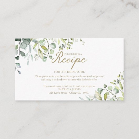 かわいい緑のブライダルシャワーレシピリクエストエンクロス エンクロージャーカード (正面)