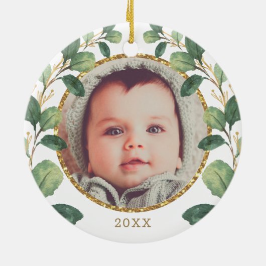 かわいい緑のベビーゾウ初めてのクリスマス セラミックオーナメント (裏面)