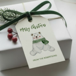 かわいい緑のマフラーを巻いた北極熊のクリスマス ギフトタグ