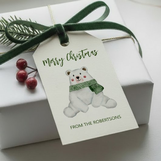 かわいい緑のマフラーを巻いた北極熊のクリスマス ギフトタグ