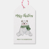 かわいい緑のマフラーを巻いた北極熊のクリスマス ギフトタグ (正面)