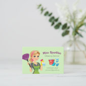 かわいい緑のマンガのメイドハウスクリーニングサービス 名刺 (スタンド正面)