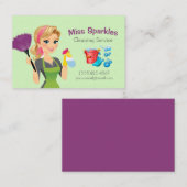 かわいい緑のマンガのメイドハウスクリーニングサービス 名刺 (正面/裏面)