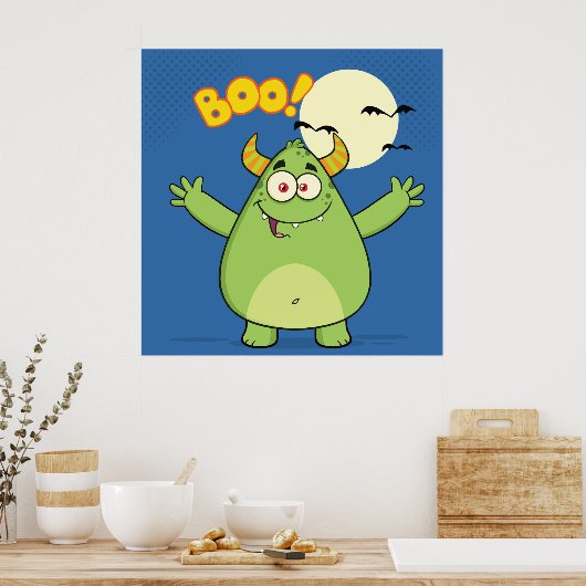 かわいい緑のモンスター ハロウィン ブー ポスター (キッチン)