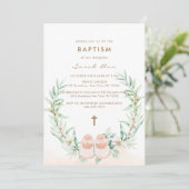 かわいい緑のユーカリ金ゴールドクロスガールバプテスマ 招待状 (スタンド正面)
