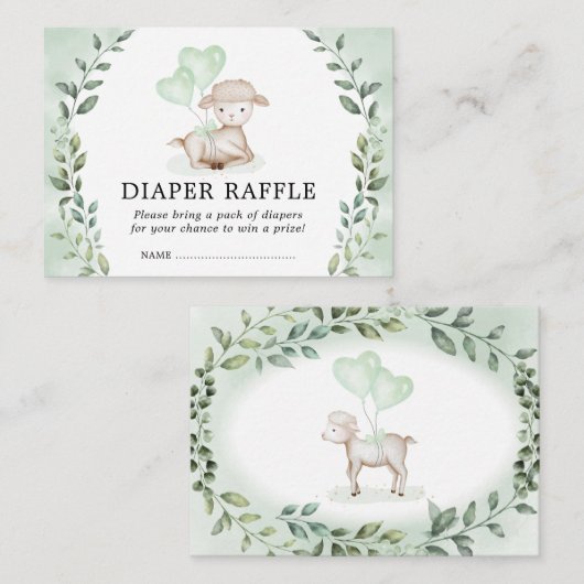 かわいい緑の子羊おむつラッフルベビーヒツシャワー エンクロージャーカード (正面/裏面)