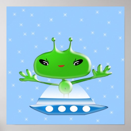かわいい緑の宇宙のエイリアンと宇宙船 ポスター (正面)
