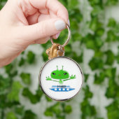 かわいい緑の宇宙エイリアンと宇宙船 キーホルダー (手)