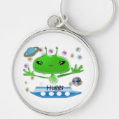 かわいい緑の宇宙エイリアンと宇宙船 キーホルダー (正面)