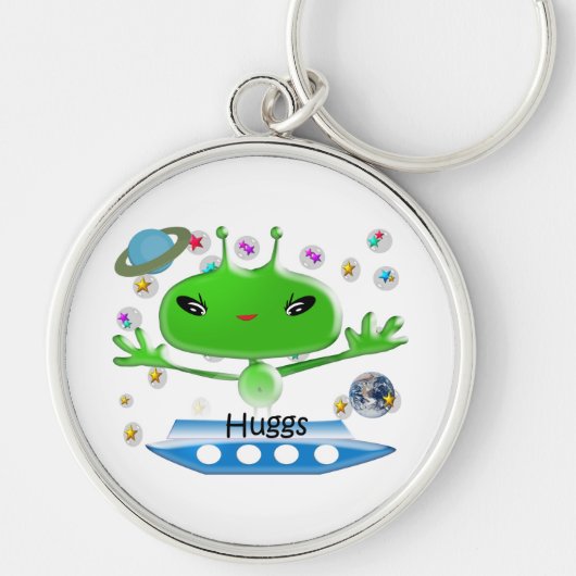 かわいい緑の宇宙エイリアンと宇宙船 キーホルダー (正面)