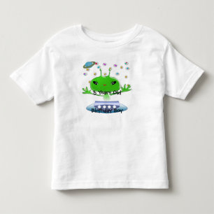 かわいい緑の宇宙エイリアンと宇宙船 トドラーTシャツ