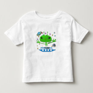 かわいい緑の宇宙エイリアンと宇宙船 トドラーTシャツ