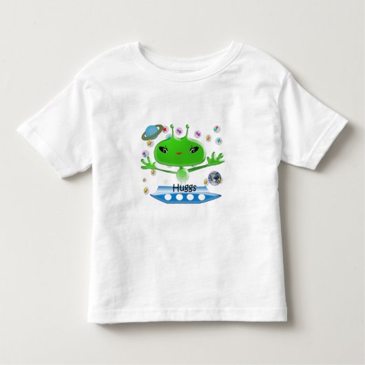 かわいい緑の宇宙エイリアンと宇宙船 トドラーTシャツ (正面)
