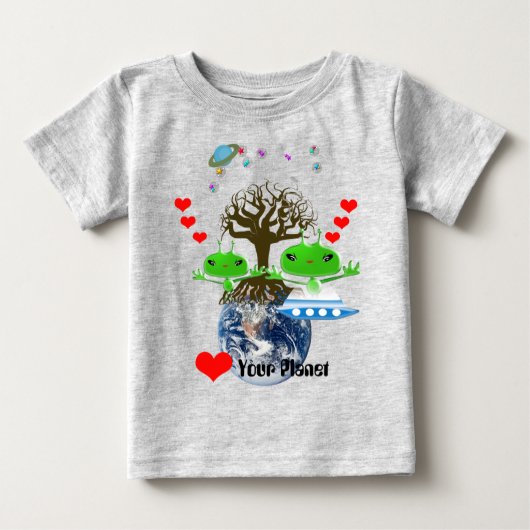 かわいい緑の宇宙エイリアンと宇宙船 ベビーTシャツ (正面)
