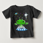 かわいい緑の宇宙エイリアンと宇宙船 ベビーTシャツ (正面)