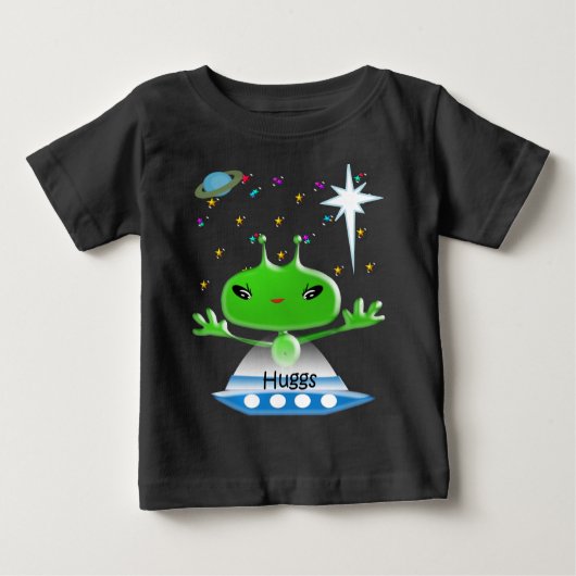 かわいい緑の宇宙エイリアンと宇宙船 ベビーTシャツ (正面)
