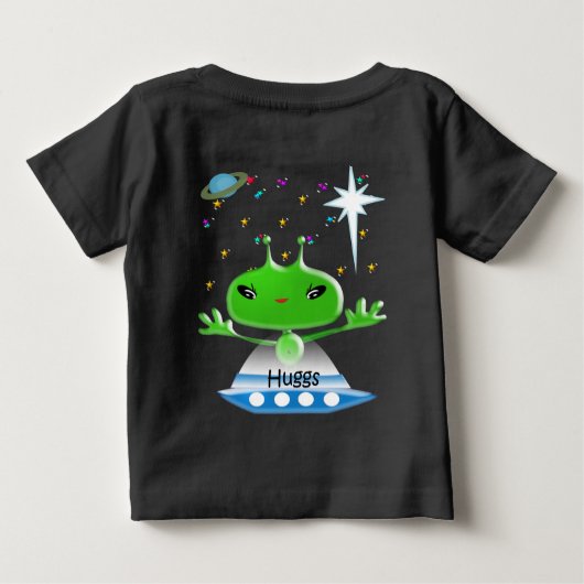 かわいい緑の宇宙エイリアンと宇宙船 ベビーTシャツ (裏面)