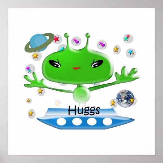 かわいい緑の宇宙エイリアンと宇宙船 ポスター (正面)