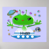 かわいい緑の宇宙エイリアンと宇宙船 ポスター (正面)