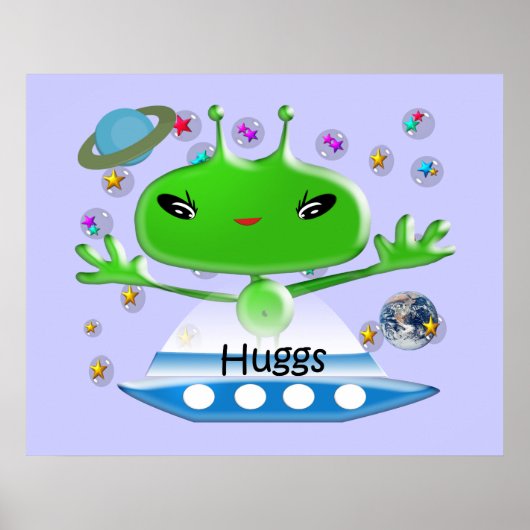 かわいい緑の宇宙エイリアンと宇宙船 ポスター (正面)