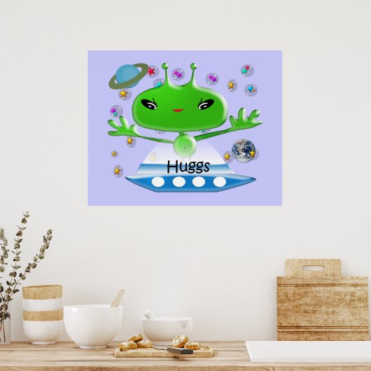 かわいい緑の宇宙エイリアンと宇宙船 ポスター (キッチン)