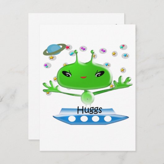 かわいい緑の宇宙エイリアンと宇宙船 ポストカード (正面/裏面)