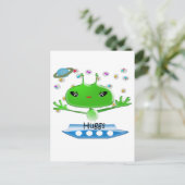 かわいい緑の宇宙エイリアンと宇宙船 ポストカード (スタンド正面)