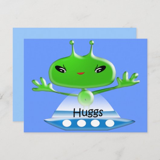 かわいい緑の宇宙エイリアンと宇宙船 ポストカード (正面/裏面)