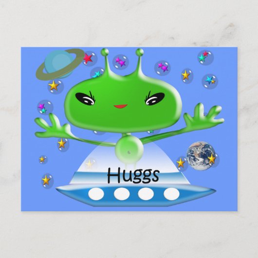 かわいい緑の宇宙エイリアンと宇宙船 ポストカード (正面)