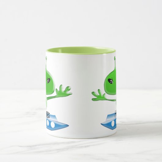 かわいい緑の宇宙エイリアンと宇宙船 マグカップ (中央)