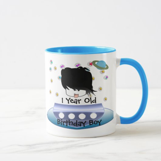 かわいい緑の宇宙エイリアンと宇宙船 マグカップ (右)