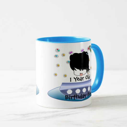 かわいい緑の宇宙エイリアンと宇宙船 マグカップ (正面右)