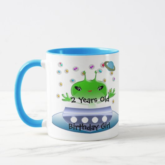かわいい緑の宇宙エイリアンと宇宙船 マグカップ (左)