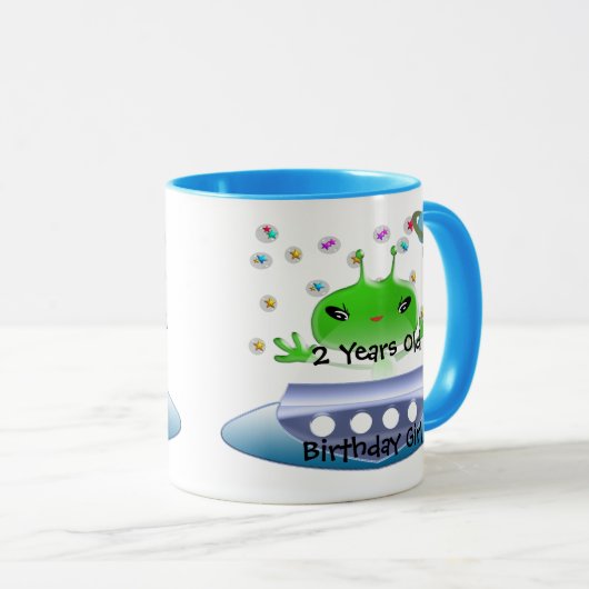 かわいい緑の宇宙エイリアンと宇宙船 マグカップ (正面右)