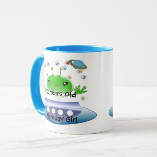 かわいい緑の宇宙エイリアンと宇宙船 マグカップ (正面左)