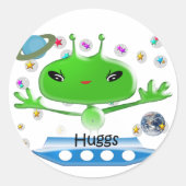 かわいい緑の宇宙エイリアンと宇宙船 ラウンドシール (正面)