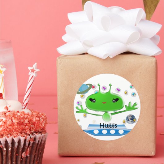 かわいい緑の宇宙エイリアンと宇宙船 ラウンドシール (パーティー)