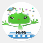 かわいい緑の宇宙エイリアンと宇宙船 ラウンドシール (正面)