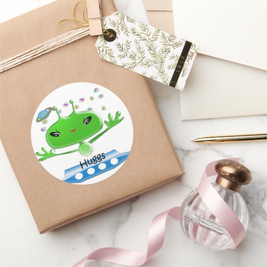 かわいい緑の宇宙エイリアンと宇宙船 ラウンドシール (ギフト)