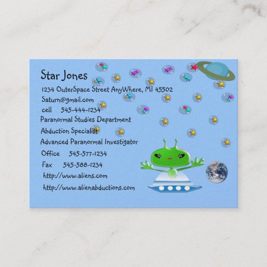 かわいい緑の宇宙エイリアンと宇宙船 名刺 (正面)