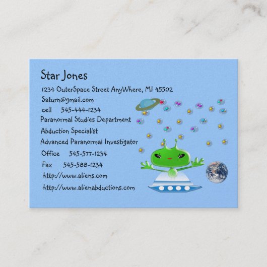 かわいい緑の宇宙エイリアンと宇宙船 名刺 (正面)