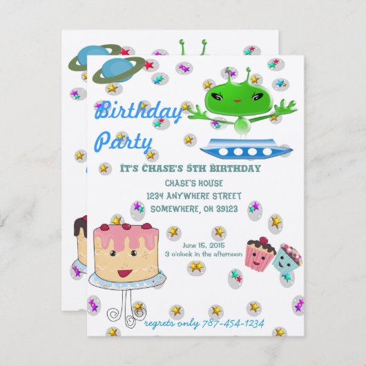 かわいい緑の宇宙エイリアンと宇宙船 招待状 (正面/裏面)