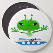 かわいい緑の宇宙エイリアンと宇宙船 缶バッジ (正面&裏面)