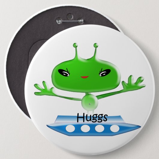 かわいい緑の宇宙エイリアンと宇宙船 缶バッジ (正面&裏面)