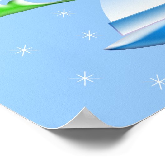 かわいい緑の宇宙人と宇宙船 ポスター (角)