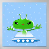 かわいい緑の宇宙人と宇宙船 ポスター (正面)
