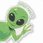 かわいい緑の宇宙人の挨拶 笑顔と手を振る シール (正面)